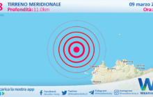 Scossa di terremoto magnitudo 2.8 nel Tirreno Meridionale (MARE)