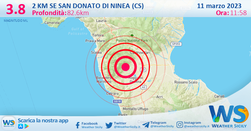 Scossa di terremoto magnitudo 3.8 nei pressi di San Donato di Ninea (CS)