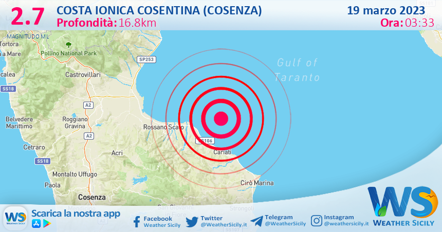 Scossa di terremoto magnitudo 2.7 nei pressi di Costa Ionica Cosentina (Cosenza)