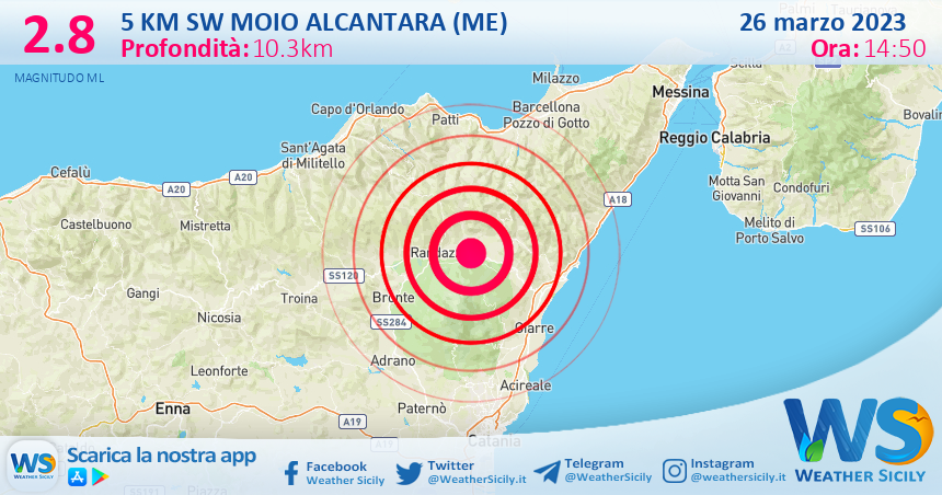 Scossa di terremoto magnitudo 2.8 nei pressi di Moio Alcantara (ME)