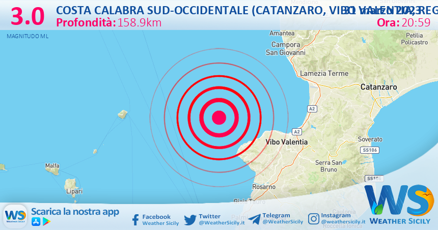 Scossa di terremoto magnitudo 3.0 nei pressi di Costa Calabra sud-occidentale (Catanzaro, Vibo Valentia, Reggio di Calabria)