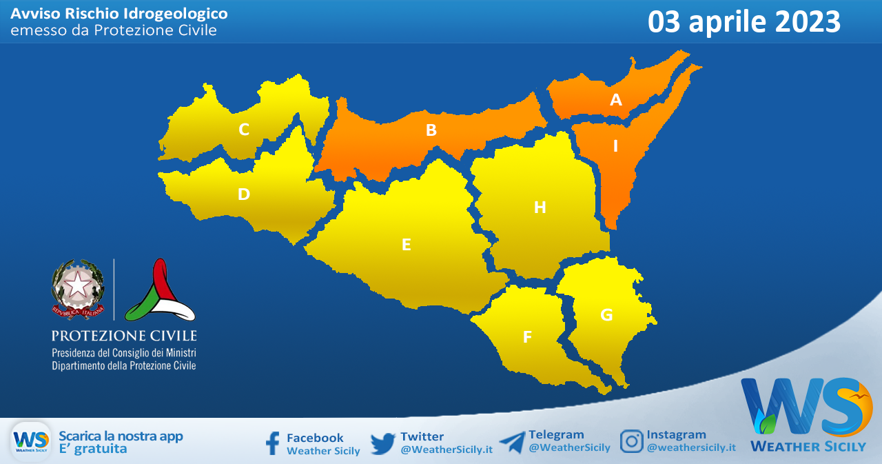 Meteo Sicilia: bollettino di allerta meteo per domani, lunedì 03 aprile 2023