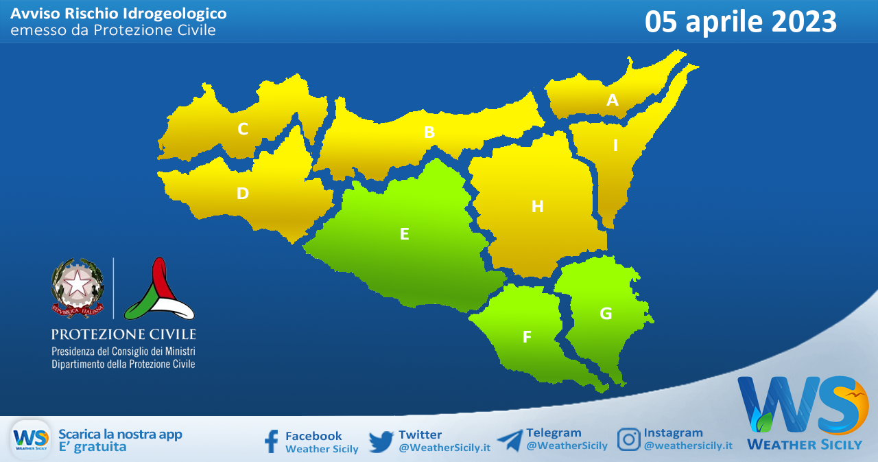 Meteo Sicilia: bollettino di allerta meteo per domani, mercoledì 05 aprile 2023