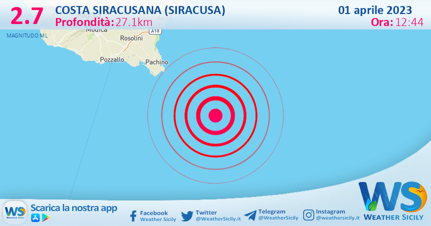 Scossa di terremoto magnitudo 2.7 nei pressi di Costa Siracusana (Siracusa)