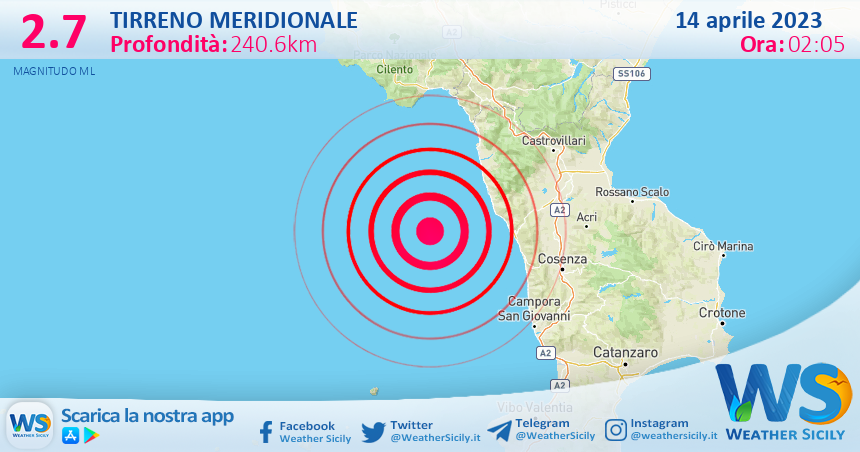 Scossa di terremoto magnitudo 2.7 nel Tirreno Meridionale (MARE)