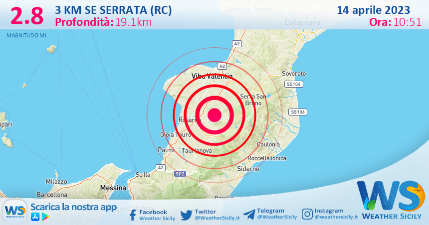 Scossa di terremoto magnitudo 2.8 nei pressi di Serrata (RC)