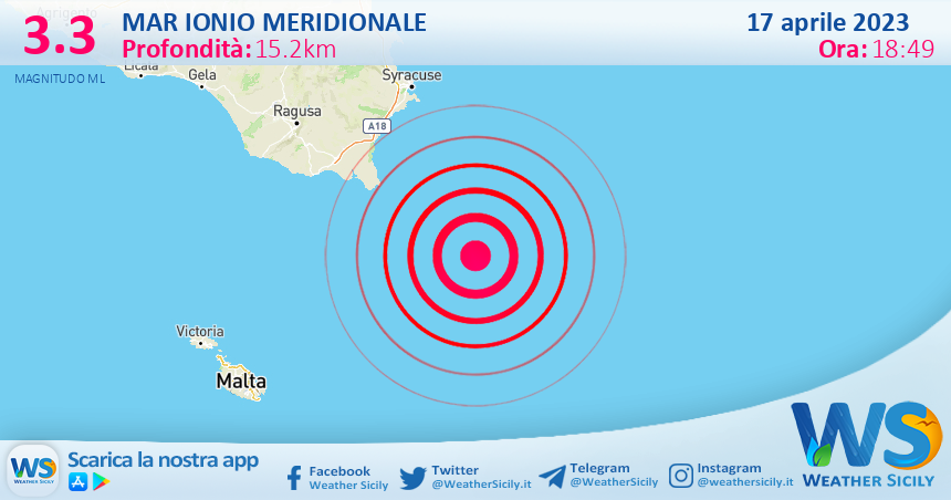 Scossa di terremoto magnitudo 3.3 nel Mar Ionio Meridionale (MARE)