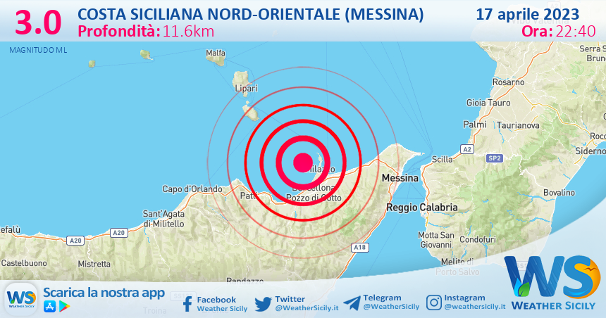Scossa di terremoto magnitudo 3.0 nei pressi di Costa Siciliana nord-orientale (Messina)