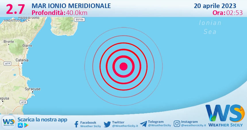 Scossa di terremoto magnitudo 2.7 nel Mar Ionio Meridionale (MARE)