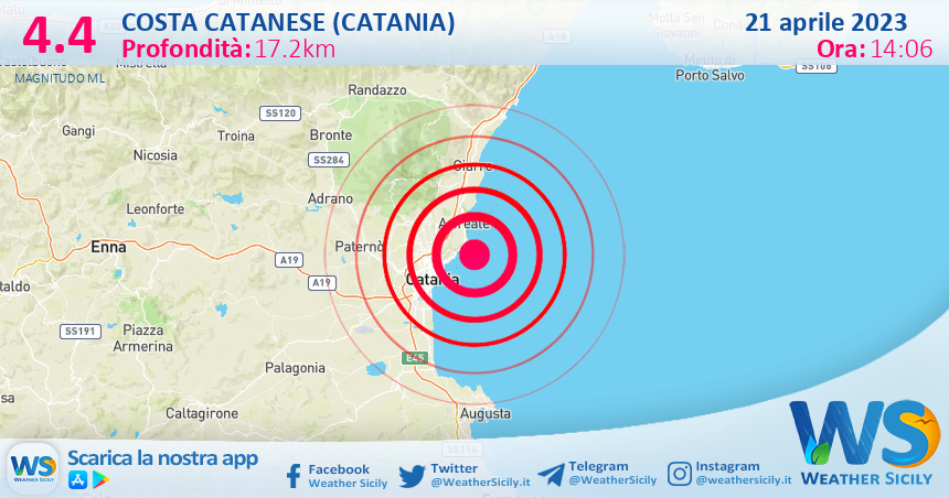 Scossa di terremoto magnitudo 4.4 nei pressi di Costa Catanese (Catania)