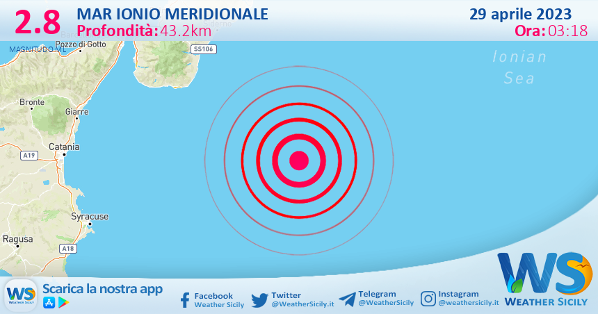 Scossa di terremoto magnitudo 2.8 nel Mar Ionio Meridionale (MARE)