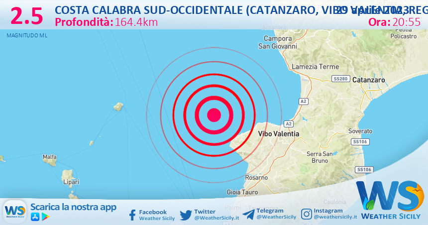 Scossa di terremoto magnitudo 2.5 nei pressi di Costa Calabra sud-occidentale (Catanzaro, Vibo Valentia, Reggio di Calabria)