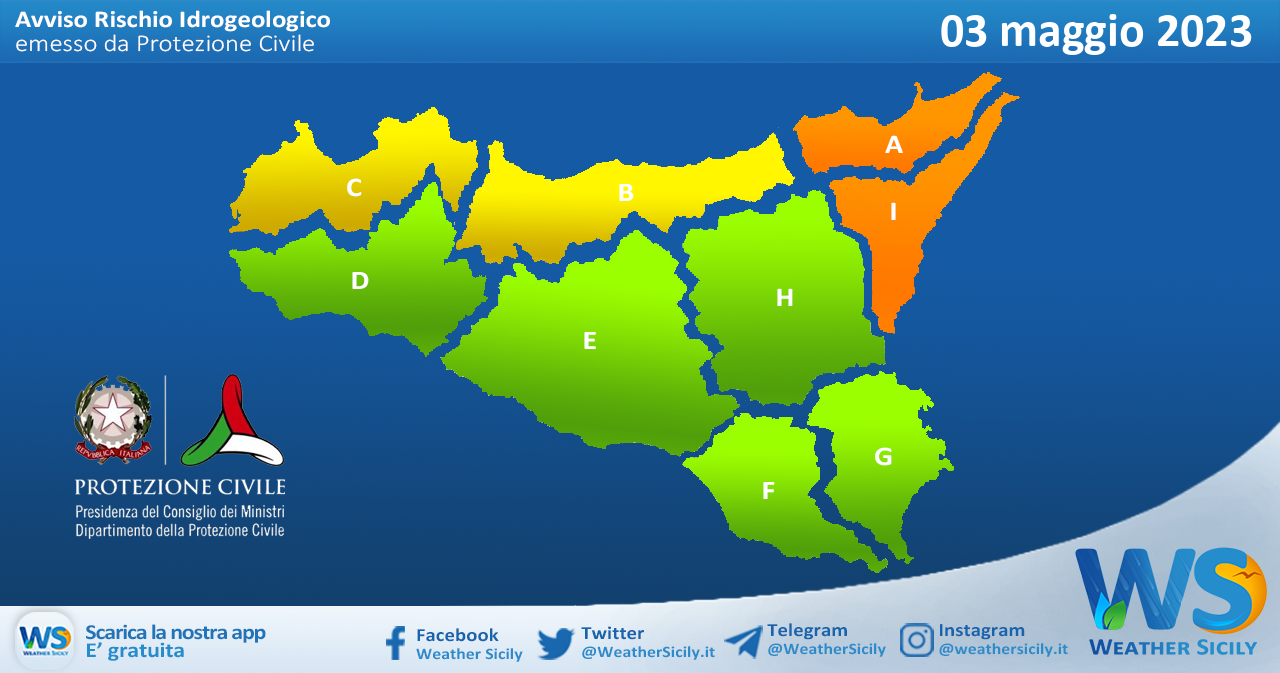 Meteo Sicilia: bollettino di allerta meteo per domani, mercoledì 03 maggio 2023