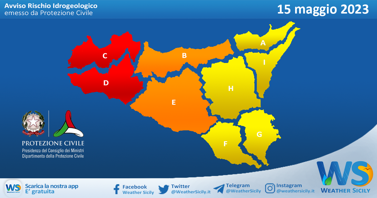 Meteo Sicilia: bollettino di allerta meteo per domani, lunedì 15 maggio 2023