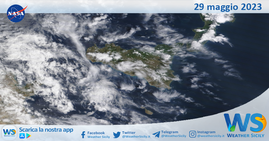 Meteo Sicilia: immagine satellitare Nasa di lunedì 29 maggio 2023