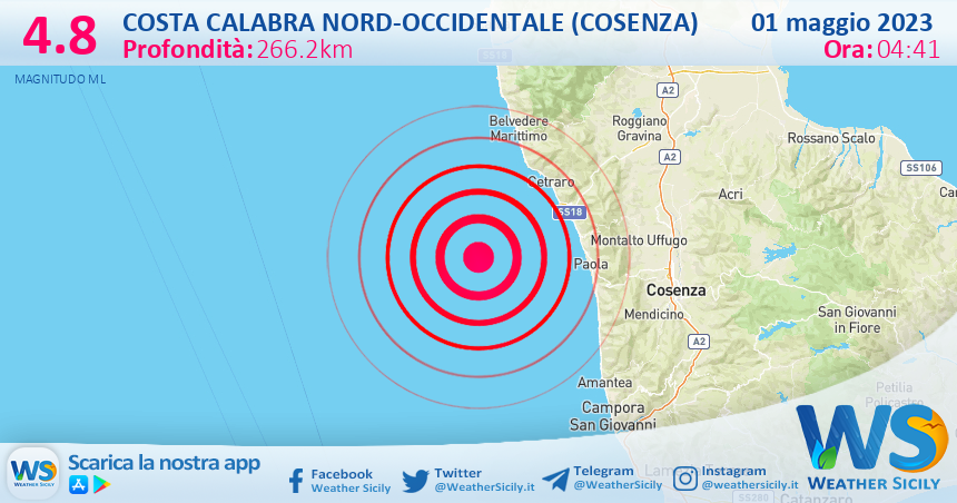 Scossa di terremoto magnitudo 4.8 nei pressi di Costa Calabra nord-occidentale (Cosenza)