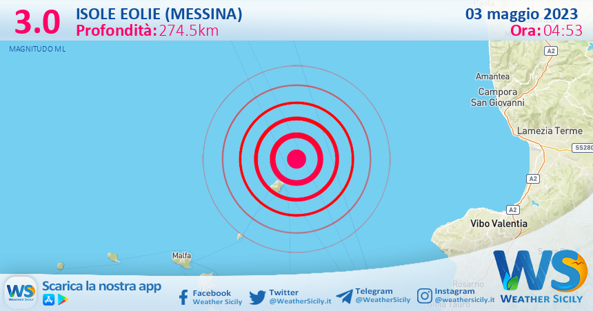 Scossa di terremoto magnitudo 3.0 nei pressi di Isole Eolie (Messina)