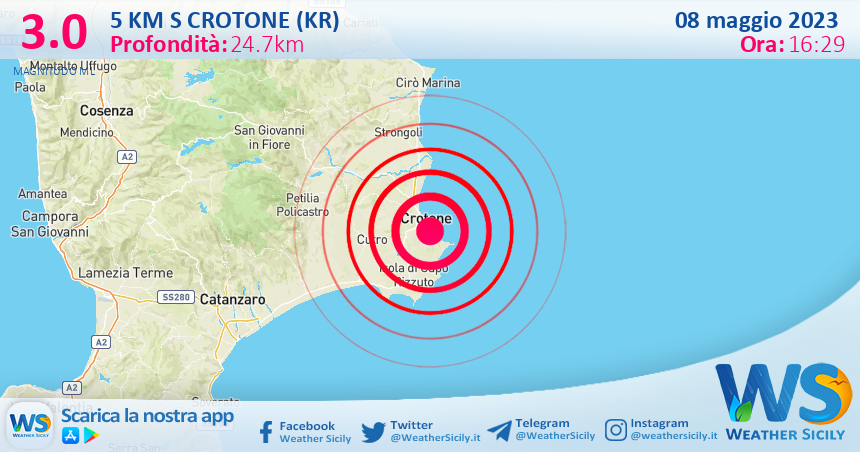 Scossa di terremoto magnitudo 3.0 nei pressi di Crotone (KR)