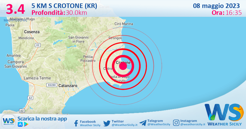 Scossa di terremoto magnitudo 3.4 nei pressi di Crotone (KR)