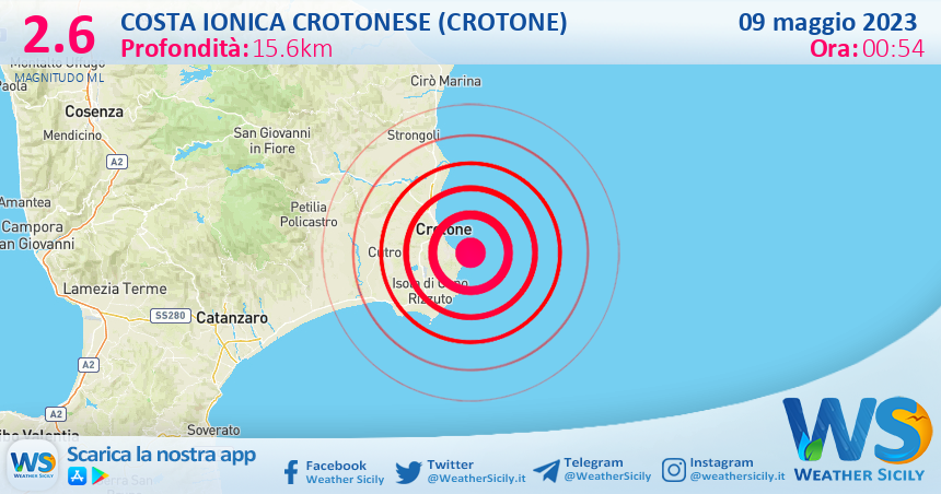 Scossa di terremoto magnitudo 2.6 nei pressi di Costa Ionica Crotonese (Crotone)