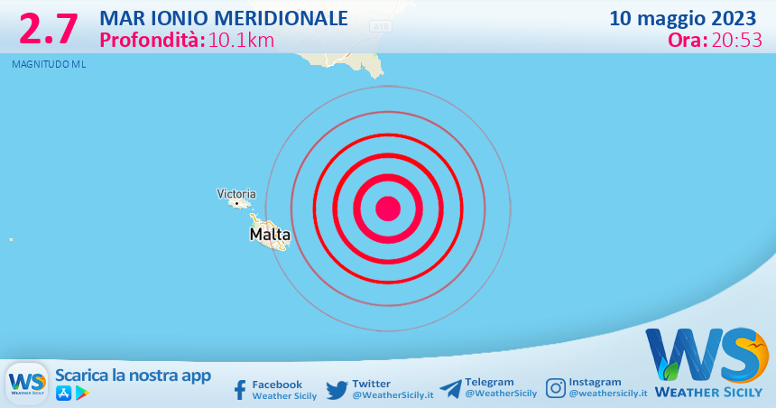 Scossa di terremoto magnitudo 2.7 nel Mar Ionio Meridionale (MARE)