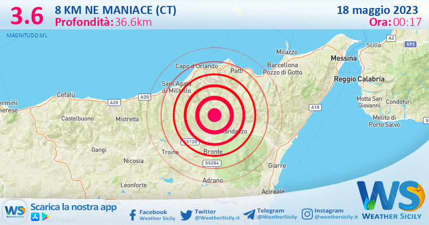 Scossa di terremoto magnitudo 3.6 nei pressi di Maniace (CT)