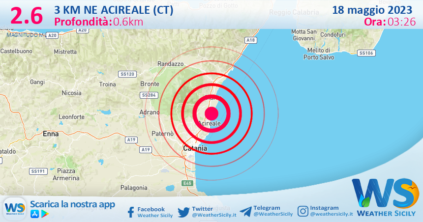 Scossa di terremoto magnitudo 2.6 nei pressi di Acireale (CT)