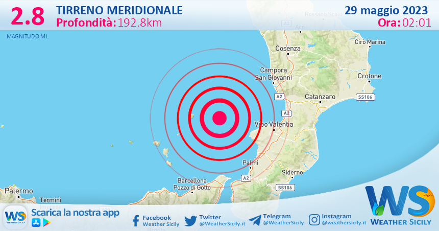 Scossa di terremoto magnitudo 2.8 nel Tirreno Meridionale (MARE)