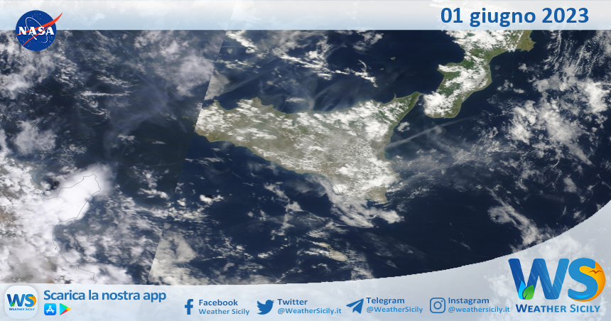 Meteo Sicilia: immagine satellitare Nasa di giovedì 01 giugno 2023