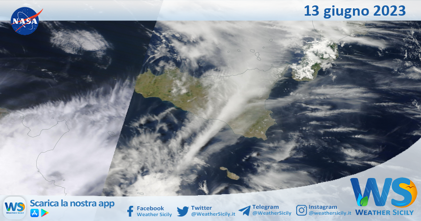 Meteo Sicilia: immagine satellitare Nasa di martedì 13 giugno 2023