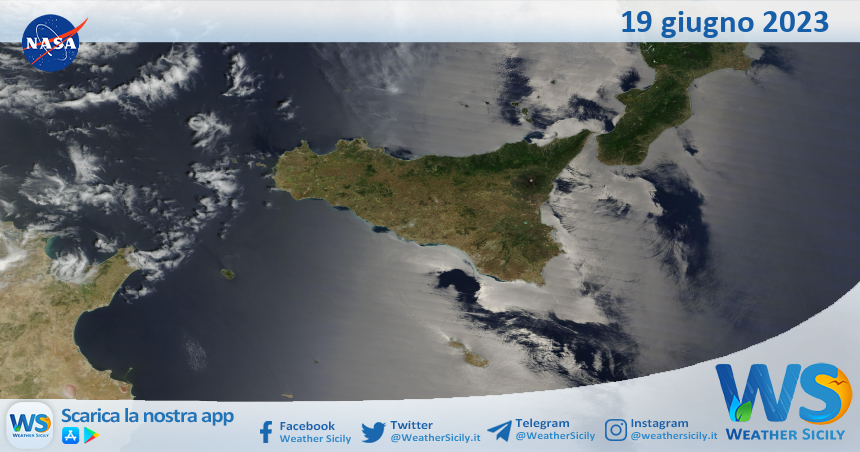 Meteo Sicilia: immagine satellitare Nasa di lunedì 19 giugno 2023