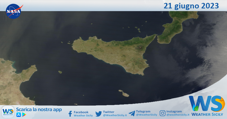 Meteo Sicilia: immagine satellitare Nasa di mercoledì 21 giugno 2023