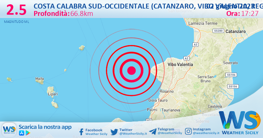 Scossa di terremoto magnitudo 2.5 nei pressi di Costa Calabra sud-occidentale (Catanzaro, Vibo Valentia, Reggio di Calabria)