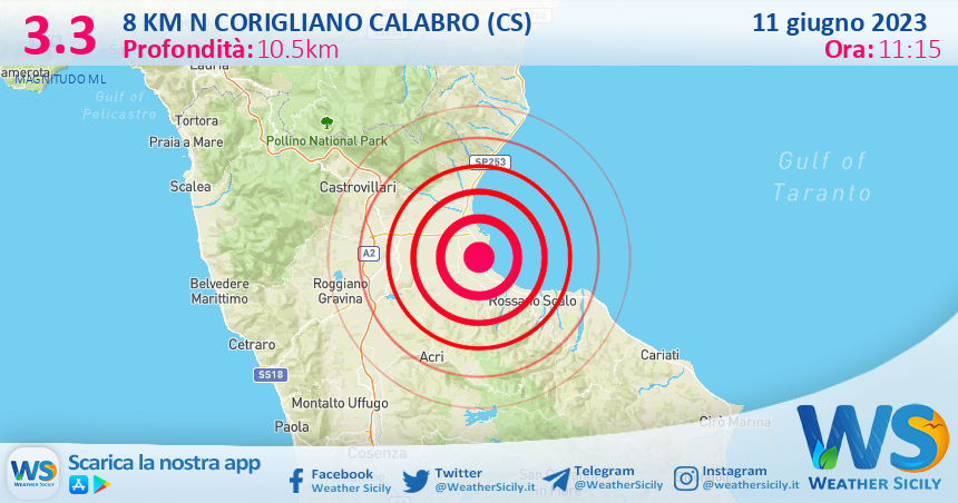 Scossa di terremoto magnitudo 3.3 nei pressi di Corigliano Calabro (CS)