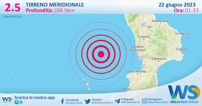 Scossa di terremoto magnitudo 2.5 nel Tirreno Meridionale (MARE)