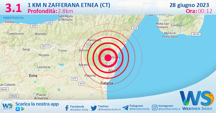 Scossa di terremoto magnitudo 3.1 nei pressi di Zafferana Etnea (CT)