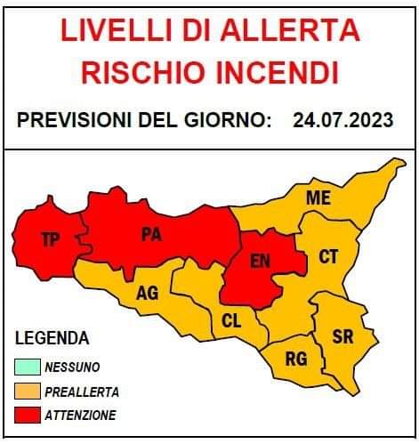 Sicilia: rischio incendi: allerta rossa della Protezione Civile per domani, lunedì 24 Luglio 2023