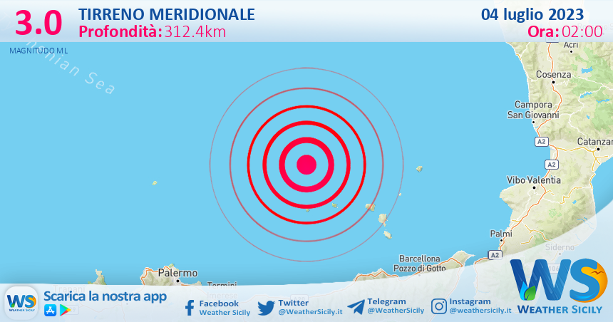 Scossa di terremoto magnitudo 3.0 nel Tirreno Meridionale (MARE)