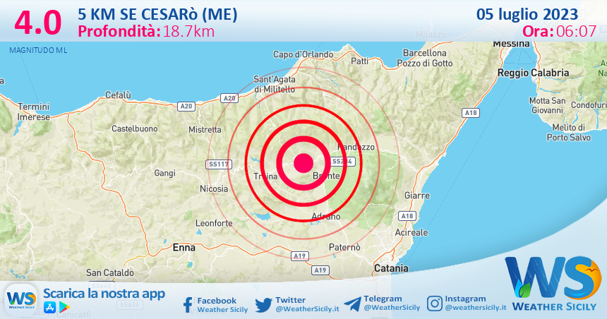 Scossa di terremoto magnitudo 4.0 nei pressi di Cesarò (ME)