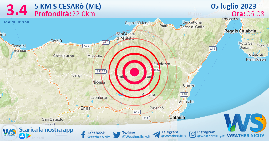 Scossa di terremoto magnitudo 3.4 nei pressi di Cesarò (ME)