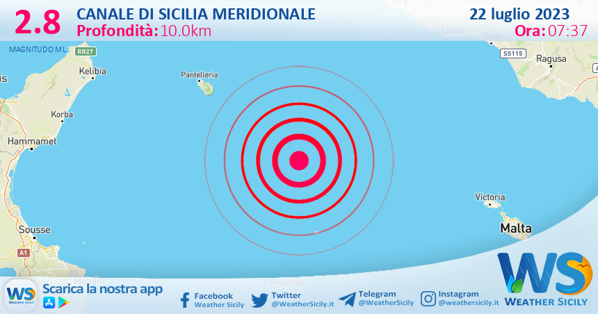 Scossa di terremoto magnitudo 2.8 nel Canale di Sicilia meridionale (MARE)