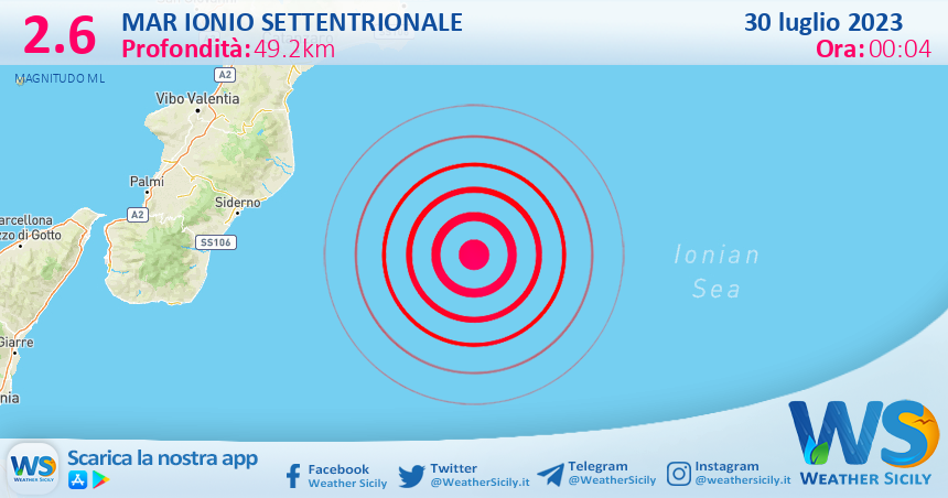 Scossa di terremoto magnitudo 2.6 nel Mar Ionio Settentrionale (MARE)