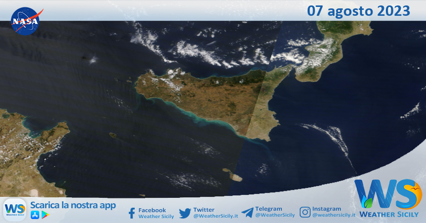 Meteo Sicilia: immagine satellitare Nasa di lunedì 07 agosto 2023