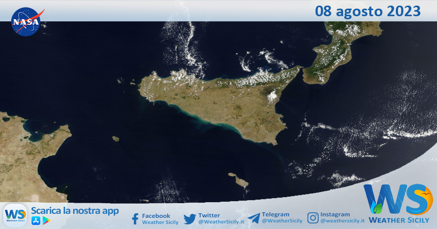 Meteo Sicilia: immagine satellitare Nasa di martedì 08 agosto 2023