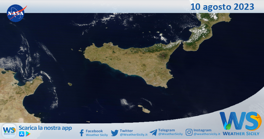 Meteo Sicilia: immagine satellitare Nasa di giovedì 10 agosto 2023
