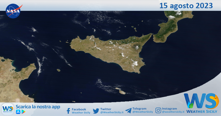 Meteo Sicilia: immagine satellitare Nasa di martedì 15 agosto 2023