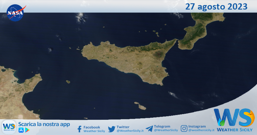 Meteo Sicilia: immagine satellitare Nasa di domenica 27 agosto 2023