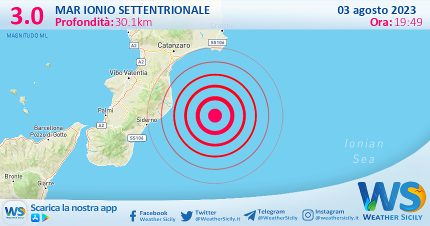 Scossa di terremoto magnitudo 3.0 nel Mar Ionio Settentrionale (MARE)