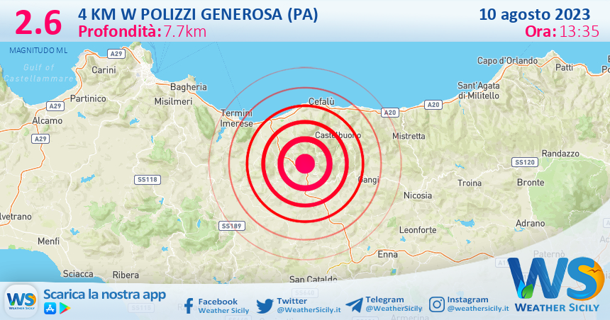 Scossa di terremoto magnitudo 2.6 nei pressi di Polizzi Generosa (PA)