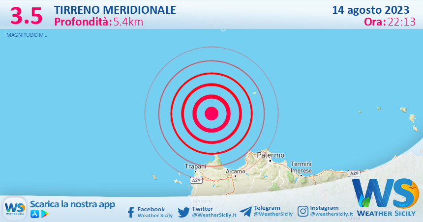 Scossa di terremoto magnitudo 3.5 nel Tirreno Meridionale (MARE)